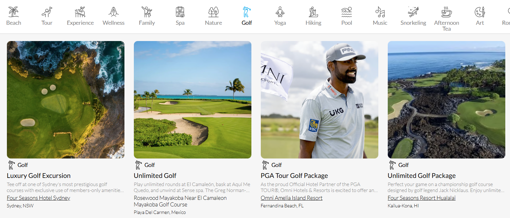 Whereo customer interest page showing golf offer and experience cards from multiple hotels and destinations.