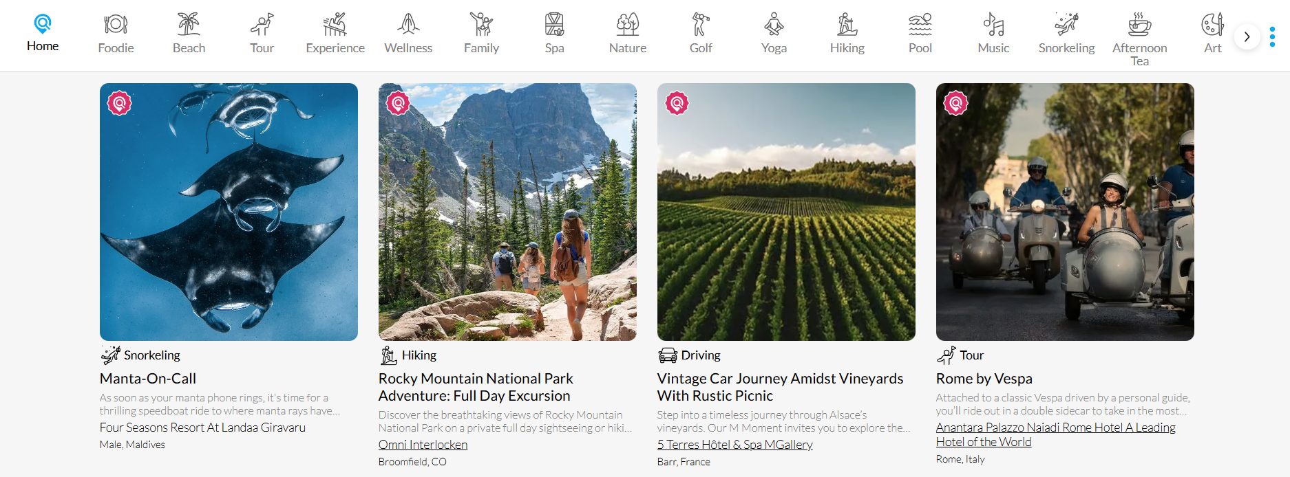 Whereo customer home page showing a broad row of hotel offer and experience cards across interests such as snorkeling, hiking, driving, and tours.