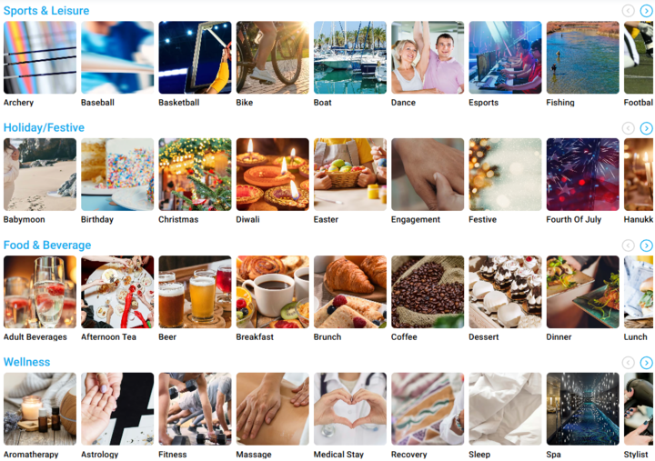 Whereo customer interface showing hotel offer and experience Interests such as sports and leisure, holiday and festive, food and beverage, and wellness.